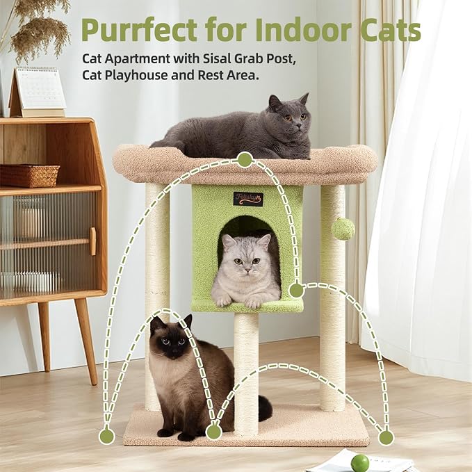 Cat Tree Tower Scratching Post for Indoor Large Adult Cats with Perch Bed | 28in Tall Small Cat Trees House with Big Perch, Condo, Toy Balls, Modern Kitten Climbing Furniture Platform, Green - Image 6