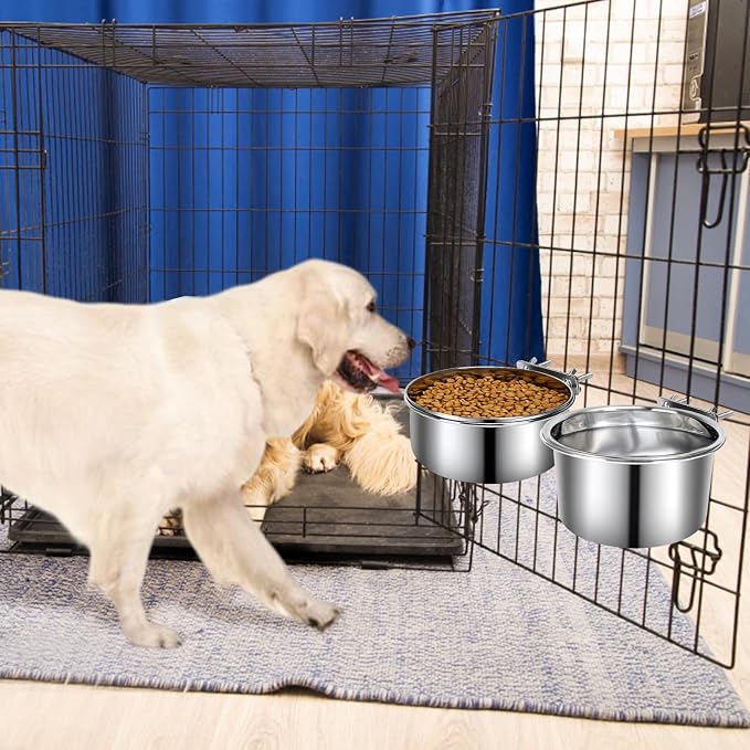 2 Pcs Stainless Steel Large Dog Crate Food Water Bowl, 82 & 56 OZ | Non-Spill, Detectable, Hanging Cage, Crate Feeder Dish with Clamp Holder for Large Pets, Size 7.1x3.7'' & 7.1x2.5'' - Image 7