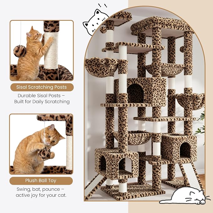 Sha Cerlin 87 in Multi-Level Tall Cat Tree Tower for Large Cats/Extra Wide Feline Activity Center/Sisal Scratching Posts/Wide Base/Cozy Plush Perches/Baskets/Hammocks/Toy Balls/Leopard Print - Image 7