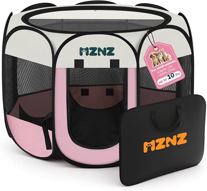 Dog Cat Small Animal Puppy Playpen Crate, Small, Pink | Portable Pop Up Pet Cage Enclosure Tent Kennel Indoor Outdoor with Carrying Case, No Assembly, Camping Use by MZNZ