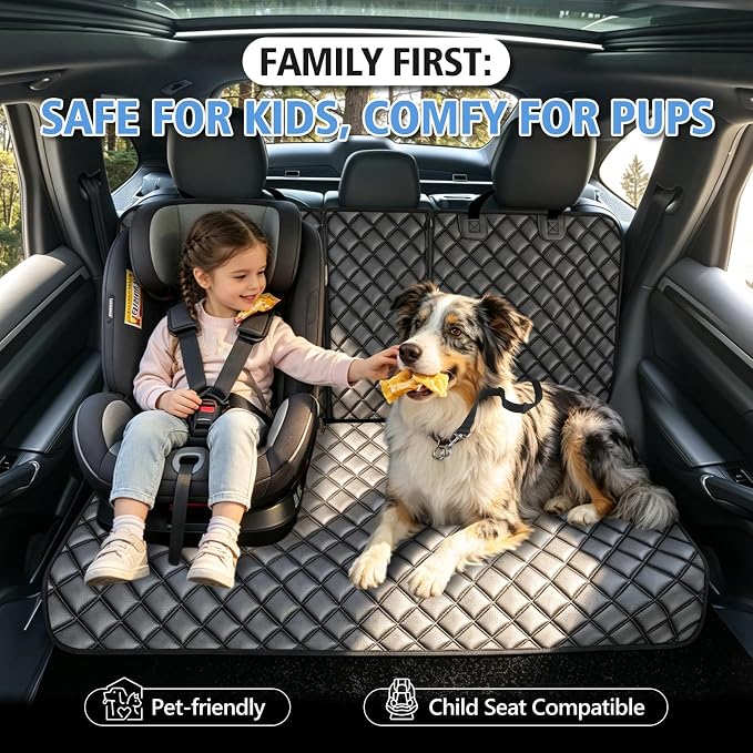 Car Rear Seat Protector, PU Leather Dog Bench Seat Cover for Back Seat | Under Child Car Seat, Fit Middle Armrest for SUVs,Sedans, Seatbelt Access, Easy Cleanup, Anti-Scratch, Waterproof, Anti-Slip - Image 2