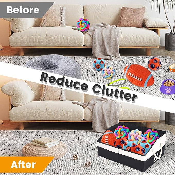 Large Dog Toy Basket with Handle, Foldable Dog Toy Box for Living Room Area , 20" Basket for Dog's Supplies, Organizer and Storage with Hard Board, Anti-Slip for Pet Toys (Black, Medium 20"×15") - Image 4