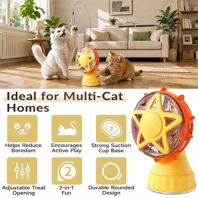 Interactive Cat Toy with Treat Dispenser & Wand Teaser Indoor Cats(Yellow) | Stable Suction Base Design|Adjustable Treat Opening|Indoor Cat Boredom Relief|Hunting Instinct Stimulation - Image 6