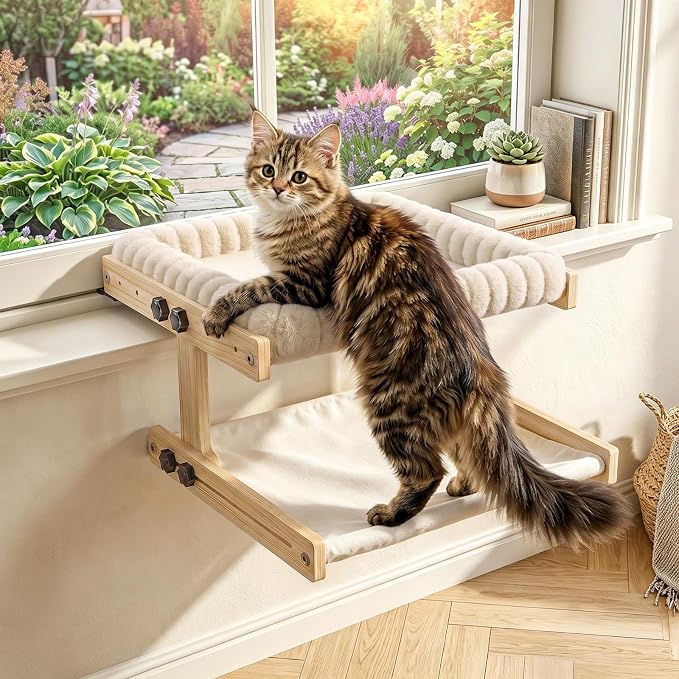 XiaZ Cat Perch for Window Cats Hammock Indoor Bed for Window Adjustable Wooden Frame Bird Watching Sunbathing Space-Saving Double Layer 18 * 16 * 10inch (Small Breeds Recommended) - Image 7