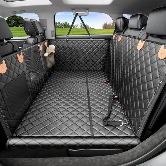 REEVAA Dog Car Seat Cover for Back Seat, Hard Bottom, L, Black+Orange | 450 lbs Extender, 45% More Space for 2-4 Large Dogs, Waterproof, Zippered Mesh Window, Fits for SUV Medium Truck by REEVAA