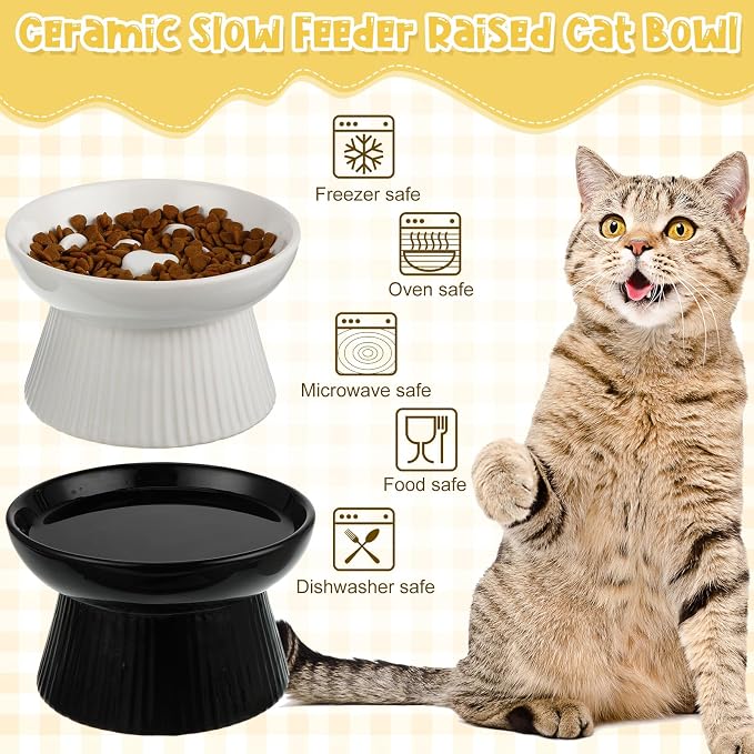 Tioncy 2 Pcs Ceramic Elevated Slow Feeder Cat Bowl, Raised Cat Slow Feeder Bowl, Anti Vomiting for Dry and Wet Food, No Spill High Edge Easy Clean Dishwasher Safe (Black,White) - Image 5