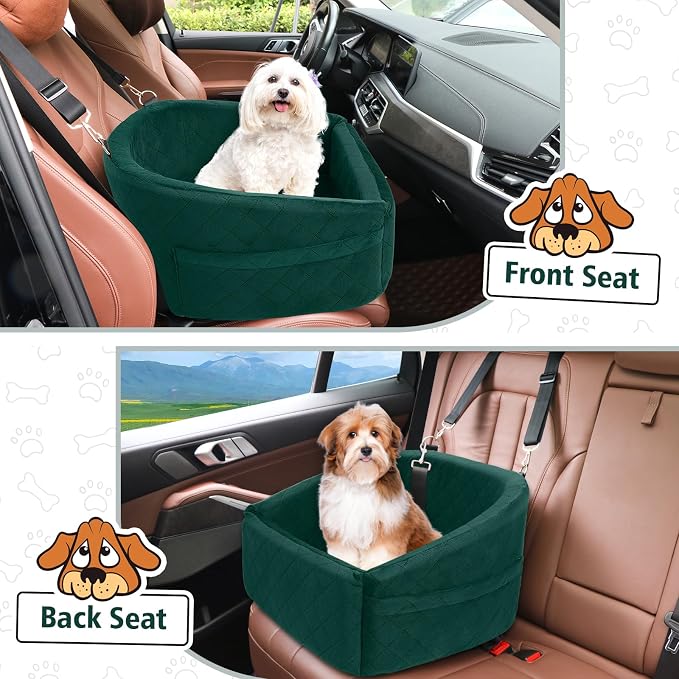 NEEZUKAR Dog Car Seat for Small Medium Dogs,Detachable Washable Dog Booster Seat Under 30lbs, Pet Car Seats Travel Bed with Storage Pockets and Safety Belt(Green) - Image 6