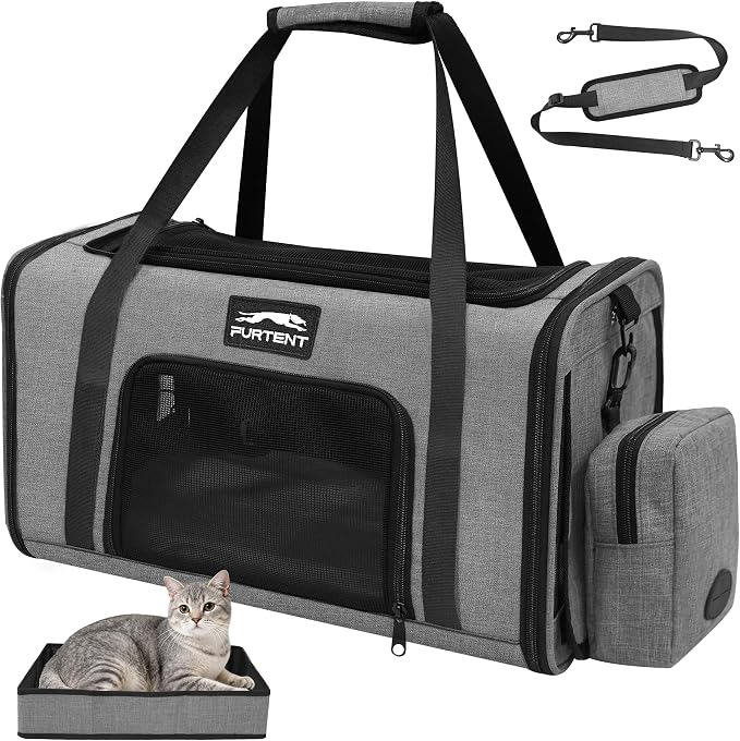 Soft-Sided Cat Carrier with Foldable Litter Box for Air Travel, Gray | A compact soft-sided carrier with a foldable litter box and organized storage for flights, car trips and hotel stays. by UOROUO