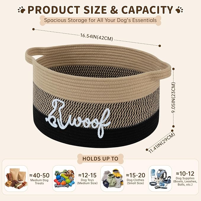 OIAHOMY 22L Large Dog Toy Basket, 16.5"x11.4"x9" Cotton Rope Basket with Cute Woof Embroidery, Soft Woven Pet Toy Box with Handles for Blankets, Leashes & Puppy Accessories, Yellow Black - Image 3