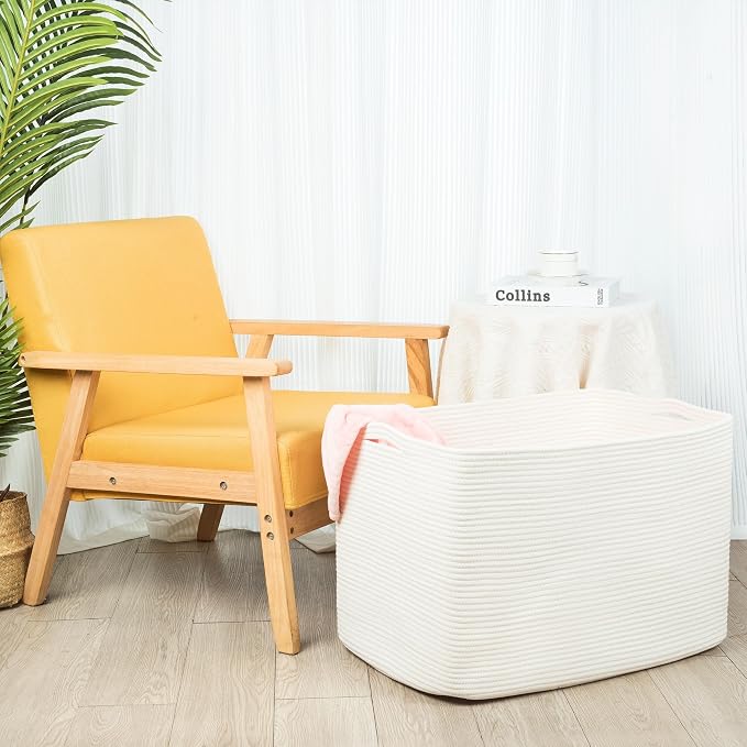 MINTWOOD Design 112L Extra Large Blanket Basket Holder Living Room, 25"x17"x16" Rectangle Rope Woven Storage Basket with Handles for Laundry, Towels, Shoes, Dog Toy Organizer Bin Box, Creamy White - Image 4