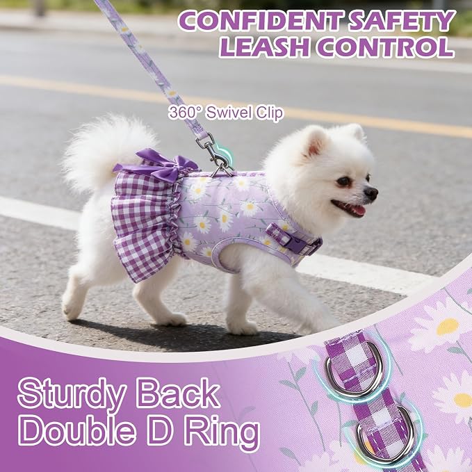 EXPAWLORER Dog Harness Small Medium Sized Dogs, No Choke No Pull Mesh Vest | Daisy Dog Dress Bowknot Harness and Leash Set, Soft Cute Princess Puppy Outfits Clothes Costume for Girls Party Cats Purple S - Image 4