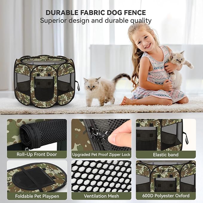 Siedihit Playpen for Small Dog Cat, Dogs Tent Crate Cage Indoor | Outdoor, Portable Pop Up Dog Kennel with Carrying Bag for Rabbits (Green Camo, Small) - Image 7