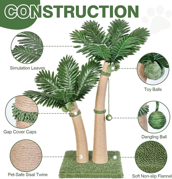 Palm Tree Cat Scratching Post, 36'' Cat Scratcher Post with Natural Sisal Rope, 5 Interactive Balls and 2 Curved Design Scratching Posts for Indoor Cats Adults and Kittens, Multi-Combinable (Style C) - Image 2