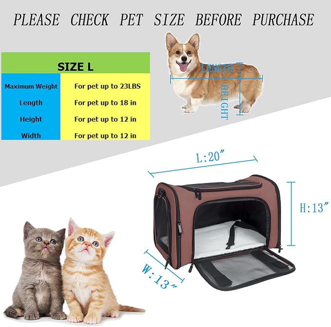 Soft Sided Carrier for Small Medium Cats Dogs,Removable Pad Collapsible Travel Pet Carrier Large Brown - Image 4