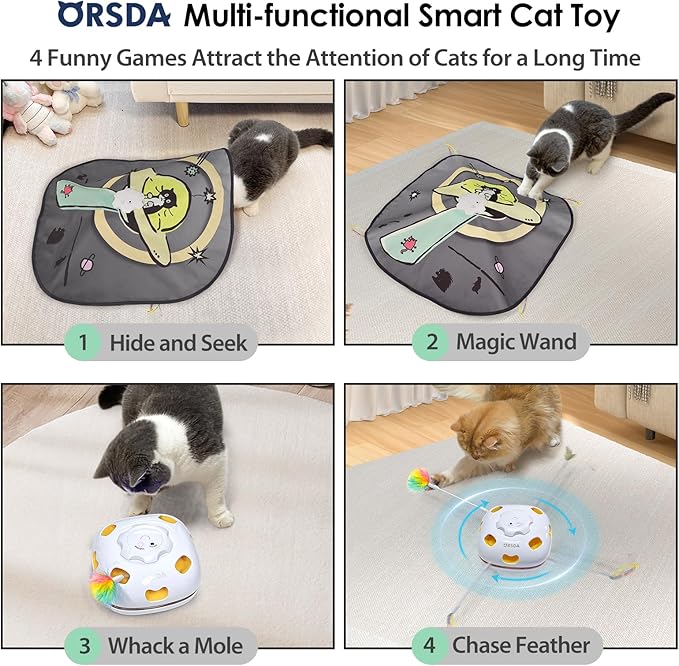ORSDA 4 in 1 Interactive Cat Toys - Automatic Cat Toys for Indoor Cats & Kittens, 8 Holes Mice Whack-A-Mole, Hide and Seek Smart Motion with 5PCS DIY Replacement Refills - Image 2
