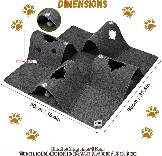35.4" Cat Tunnels for Indoor Cats, Multi-Entrance Cat Toys, Grey | 4 Way Felt Interactive Pet Toy with Hidden Ball, Enrichment Activity Rug, Collapsible Cave for Kittens & Small Pets - Image 3