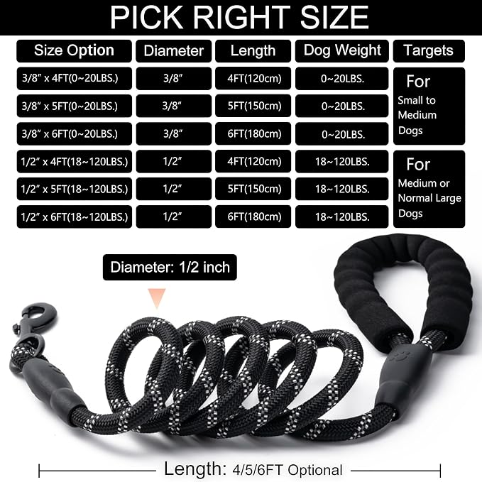 2 Pack Dog Leash, Heavy Duty Nylon Rope Pet Leashes(5FT-3/8,Black/Yellow) | Comfortable Padded Handle, Anti-tangle Swivel Clip, Reflective for Night Walks and Training, Climbing Rope for Strong Pullers - Image 5