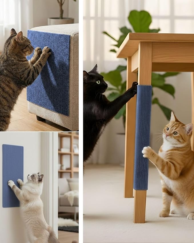 Corner & Wall Cat Scratch Mat, Self-Adhesive Trimmable Cat Scratcher, Wall Mounted Scratching Pad for Indoor Cats, Sofa Furniture Protector, Cat Post Cover Replacement (Blue, 23.6''x11.8'', 3-Pack) - Image 4