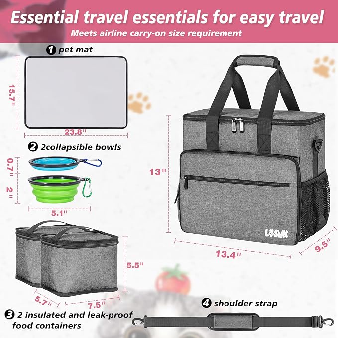 Dog Travel Bag, Large Pet Travel Set with Multi-Function Pockets | 2 Food Storage Containers, 2 Collapsible Bowls, 1 Feeding Mat for Pet Supplies, Road Trip Essentials, Weekend Camping, Grey - Image 4