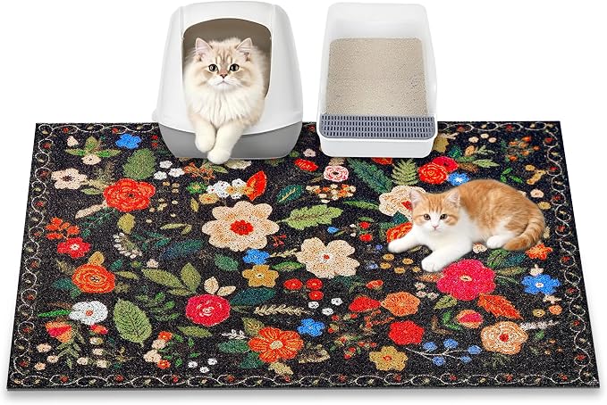 Cat Litter Mat, 35" x 23" Litter Box mat, Traps 100% Litter, Non-Slip Kitty Litter Trapping mats, Large Cute Litter mat, Easy Clean for Scatter Control, Bohe cat Food mat, Urine Waterproof by YOSEPATI