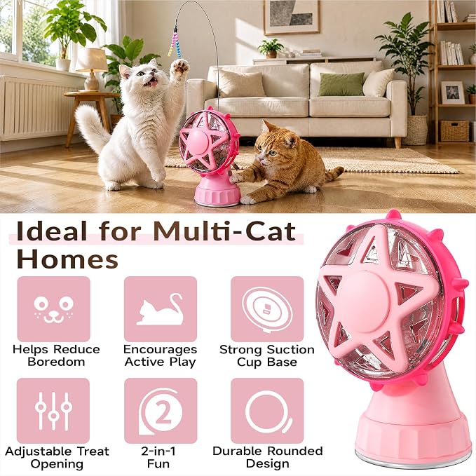 Interactive Cat Treat Dispenser Toy, 2-in-1 Slow Feeder & Wand Pink | Boredom Buster, Mental Stimulation, Puzzle Toy, Adjustable Slow Feeder, Suction Cup, Enrichment, Indoor Cats & Small Dogs - Image 2