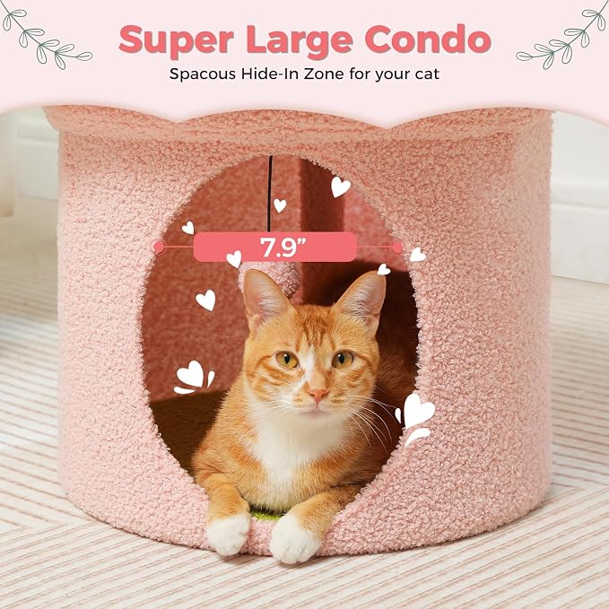 PETEPELA 20" Cute Cat Tree House with Removable Flower Bed, Pink | Small Cute Cat Tree House with Removable Flower Cat Bed, Cat Hideaway, Indoor Cat House Condo, Cat Accessories - Image 7