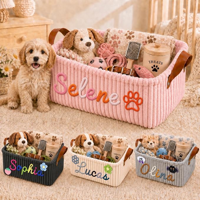 Personalized Pet Dog Cat Toy Storage Basket Bin with Embroidery Name & Icon | Custom Puppy Corduroy Storage Bins, Customized Dog Toy Box Organizer for Pet Supplies, Treats & Blankets, Pets Gifts Basket by Crabread