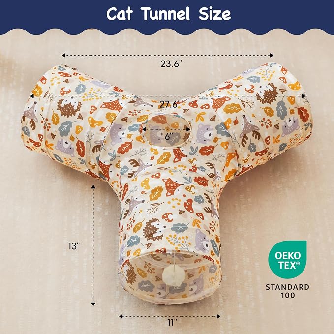 Tempcore Cat Tunnel for Indoor Cats, 3 Way Collapsible Pet Play Tunnel with Teaser Wand, Peek Holes & Hanging Ball, Interactive Tube for Kittens & Rabbits, Beige Deer - Image 2