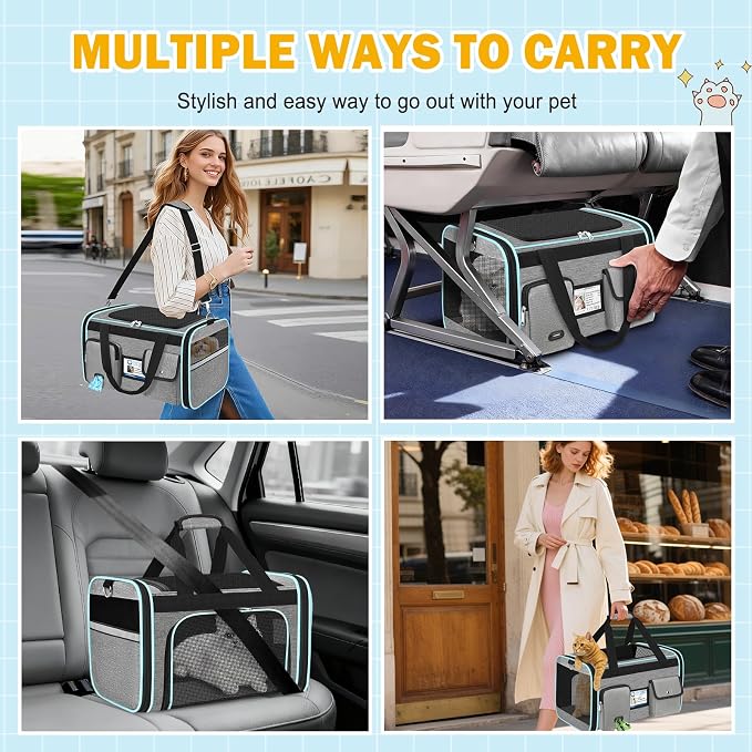 HUANLANG Large Cat Carrier Soft Sided Travel Pet Carrier Airline Approved | Dog Carriers for Small Dogs Medium Cats,Collapsible,3 Storage,zipper lock,Reflective strips,Luggage Strap, Up to 15 Lbs, Grey - Image 8