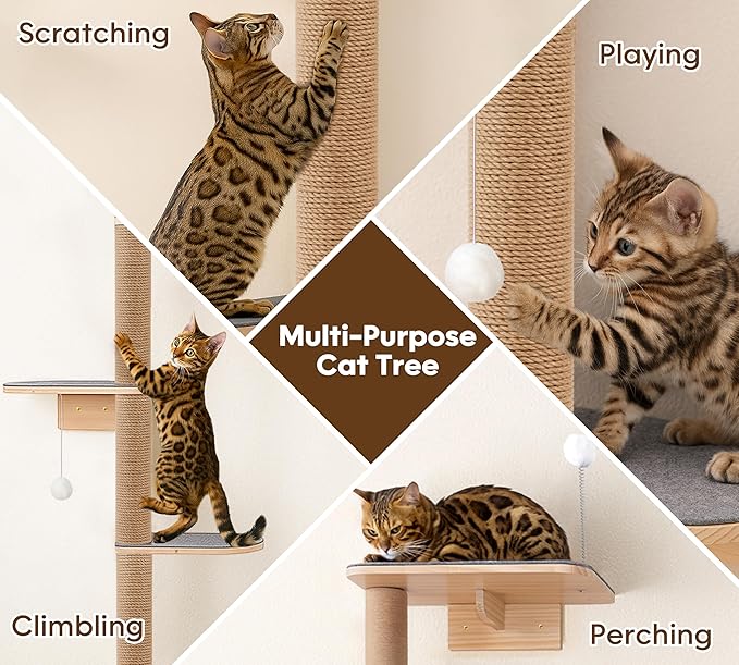 Floor to Ceiling Cat Tree for Kittens, 5-Tier Wall Mounted Cat Wall Shelves with Grey Felt Pads, Adjustable Wild Simulation Cat Tower, Natural Pine Wood Platforms for Climb, Scratch and Lookout - Image 4