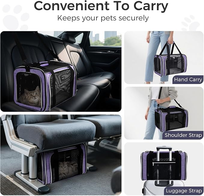 BAGLHER Pet Travel Carrier, Cat Carriers Dog Carrier for Small Medium Cats Dogs Puppies, Airline Approved Small Dog Carrier Soft Sided, Collapsible Puppy Carrier, Purple - Image 3