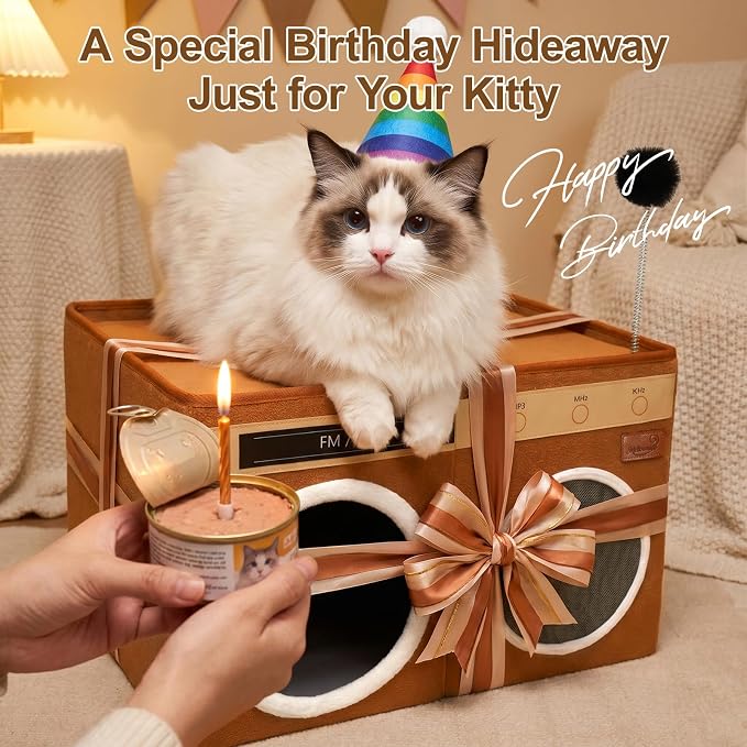 Retro Radio Cat House, Large Foldable Cat Bed Indoor Cat Cave | Spacious Multi-Cat Sleeping Hideaway Pet Nest, Non-Sticky Fur Fabric, Scratch Pad & Bendable Antenna Ball 13×19.7×15.8 Inches - Image 5