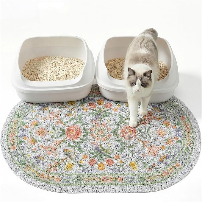 Bienbee Cat Litter Mat, 33" x 22" Large Size Litter Box Mat Rug with Non-Slip Bottom,Urine and Water Proof, Easy to Clean Cat Supplies Essentials for Indoor Kitty Kitten Floor,Pastel Floral L by Bienbee