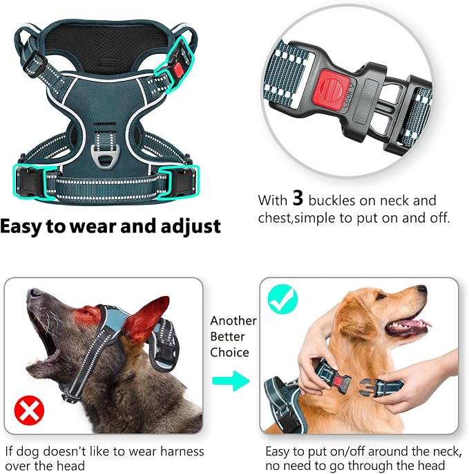 Timos Dog Harness, No Pull Large Sized with 3 Buckles, Blackish Green, L | Reflective, No Choke, Easy On & Off, Adjustable Soft Padded, Front & Back 2 Clips and Control Handle for Walking Training - Image 2