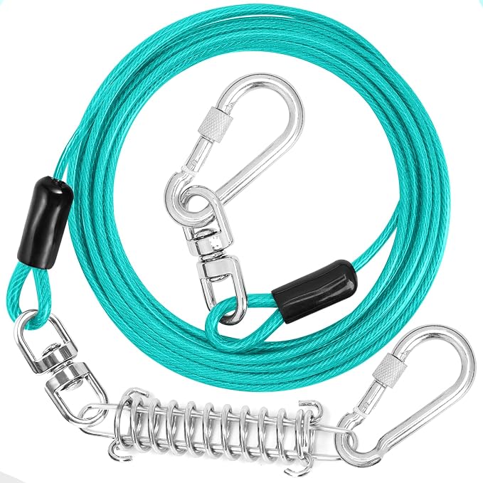 jenico Dog Tie Out Cable - 20 ft Heavy Duty Dog Lead for Yard | Outdoor Runner Cable with Swivel Hook and Shock Spring for Small Medium Large Dogs Up to 500 lbs Dog Tether for Yard Camping by jenico