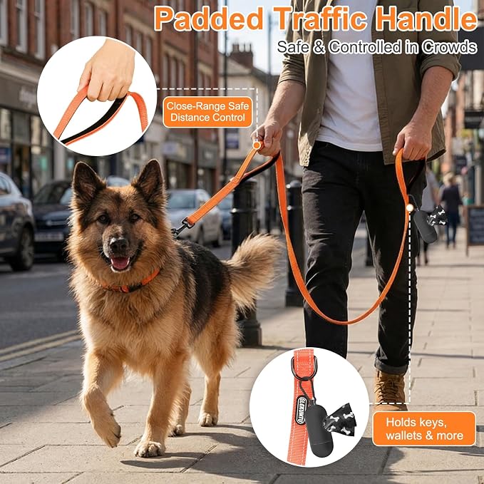 Heavy Duty Dog Leash with 2 Comfortable Padded Handles, 6FT Traffic Handle Extra Control, Highly Reflective Threads Leash for Small/Medium/Large Dogs (Orange) - Image 4