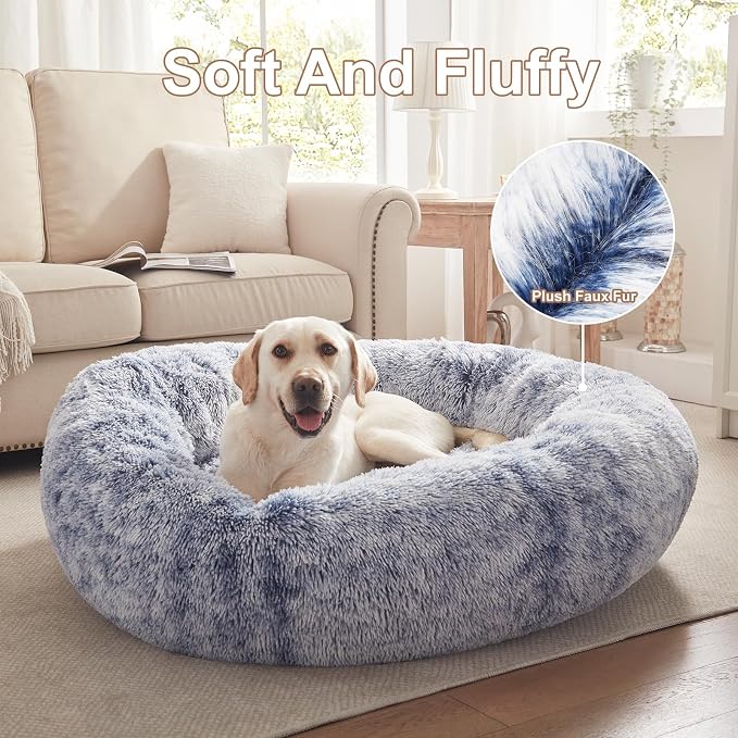 45 in Faux Fur Fluffy Donut Dog Bed for Extra Large Dogs,Dark Blue | Calming Plush Round Jumbo Pet Bed with Removable & Washable Cover,Fits up to 120 lbs Pets - Image 4