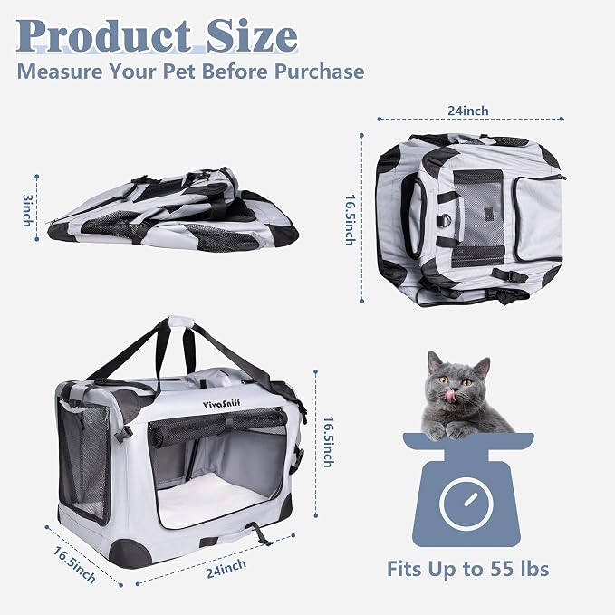 Large Cat Carrier, Foldable Car Travel Dog Crate-Small Dogs | 24" Fits 2 Cats or 1 Small Dog, up to 55 lbs, Soft mat, zipper lock prevents escapes, Foldable Car Travel Pet Crate - Image 5