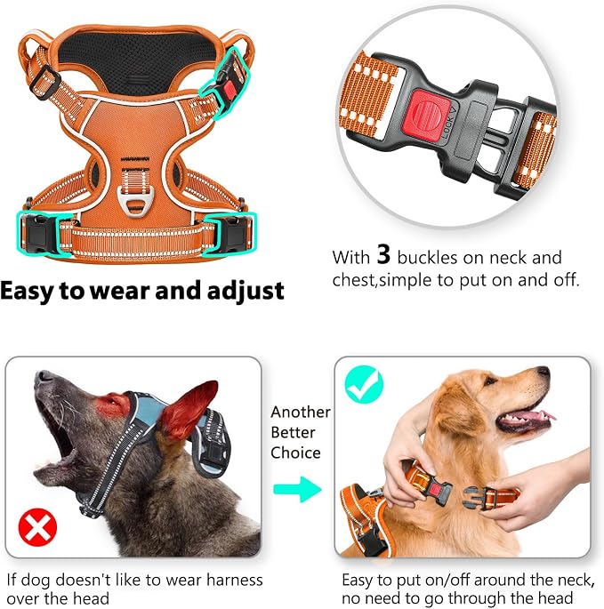 Timos Dog Harness, Front Clip No Pull Medium Sized with Handle, Orange, M | No Choke, Adjustable Reflective Soft Padded, Quick Release 3 Buckles, Easy On & Off, Front & Back 2 Clips for Outdoor Walking - Image 2
