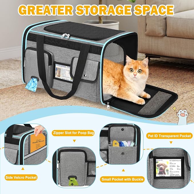 HUANLANG Large Cat Carrier Soft Sided Travel Pet Carrier Airline Approved | Dog Carriers for Small Dogs Medium Cats,Collapsible,3 Storage,zipper lock,Reflective strips,Luggage Strap, Up to 15 Lbs, Grey - Image 2