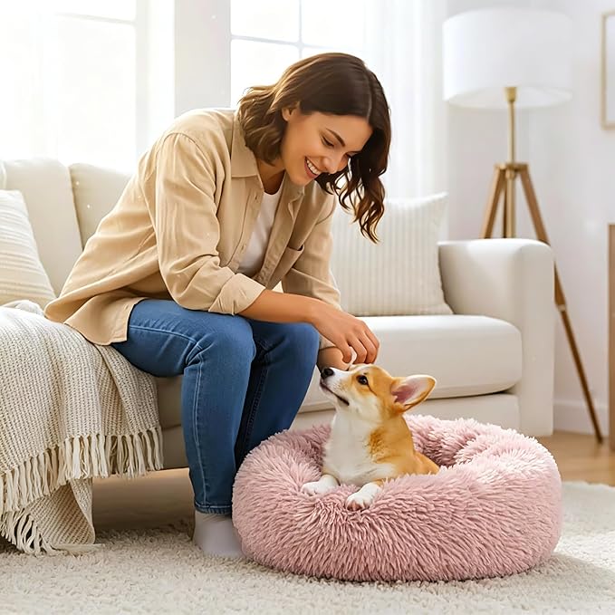 Calming Anti-Anxiety Donuts Dog And Cat Bed, Round Fluffy Soft Washable Small Medium Pet Bed For Puppy And Kitten, Cuddler Warming Comfortable Luxury Anti-Slip Waterproof Mute Base 24in Pink - Image 6