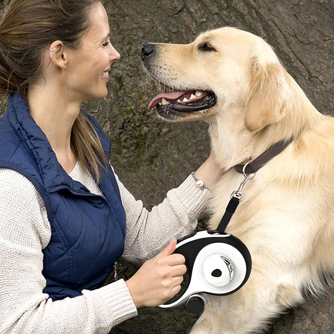 26Ft Retractable Dog Leash - for Dog Up to 110lbs, Tangle Free Walking Leash with Chew Proof Cable | LED Light | Dispenser | Poop Bags, Quick Lock Braking & Non-Slip Handle (White) - Image 7