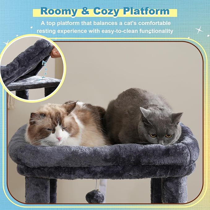 Hey-brother Cat Tree Tower with Plush Steped Condos, Big Platform, MPJ071G | 50 Inches Tiered Climbing Cat House with Sisal Scratching Posts, Spacious Hammock, Cozy Basket for Indoor Cats, Smoky Gray - Image 5