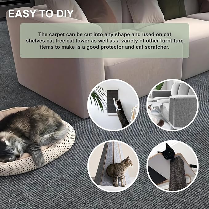 Cat Scratching Climbing Carpet Mat, Self-Adhesive Couch Furniture Protector | 78.7x15.8In Trimmable, Cat Scratch Post Covered Pad Replacement for DIY Tree Shelf Steps Couch Corner Wall, Darkgrey - Image 5