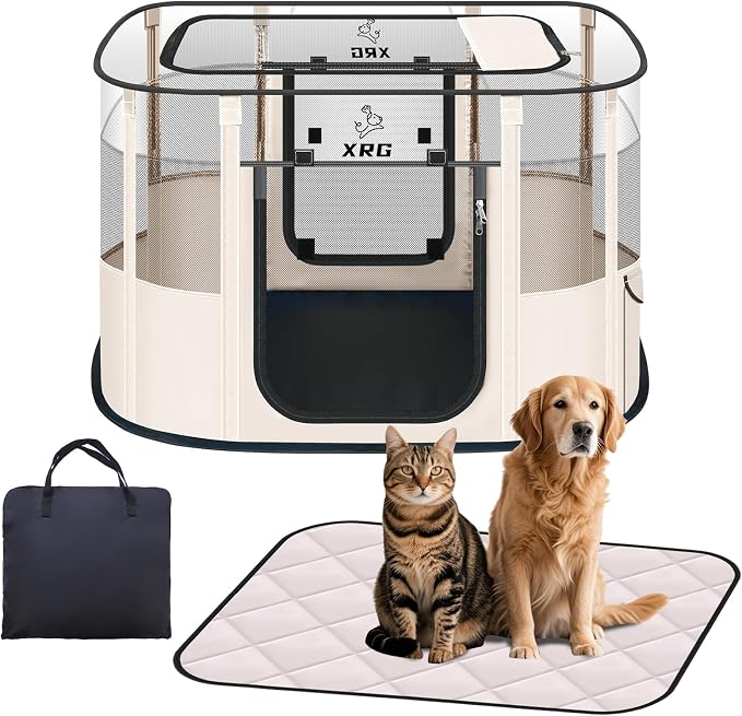 XRG Foldable Dog Playpen with pad，Indoor Cat Kennel L(35.4"x27.6"x23.6") | Portable Dog Crates with Upgrade Breathable Mesh，Sturdy Cat cage Indoor & Outdoor for Rabbit or Small Animals,Beige by XRG