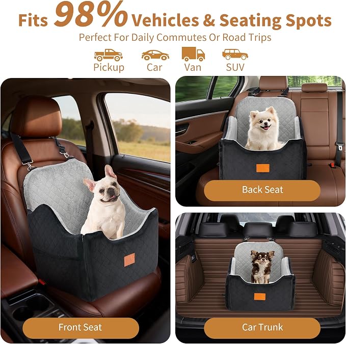 XEEP Dog Car Seat Bed for Small/Medium Dogs Up to 35 lbs, Memory Foam | 2-in-1 Design, Includes Blanket & Urine Pad, 2 Height-Adjust Cushions, Two Safety Tethers, Machine Washable Cover(Black/Grey) - Image 3