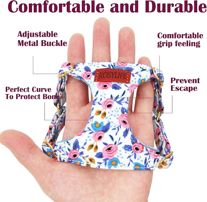 No Pull Dog Harness Adjustable Small Dog Harness and Leash Set, Lightweight and Soft Dog Harness No Choke Escape Proof Pet Harness Vest (Blue Rose, S) - Image 4