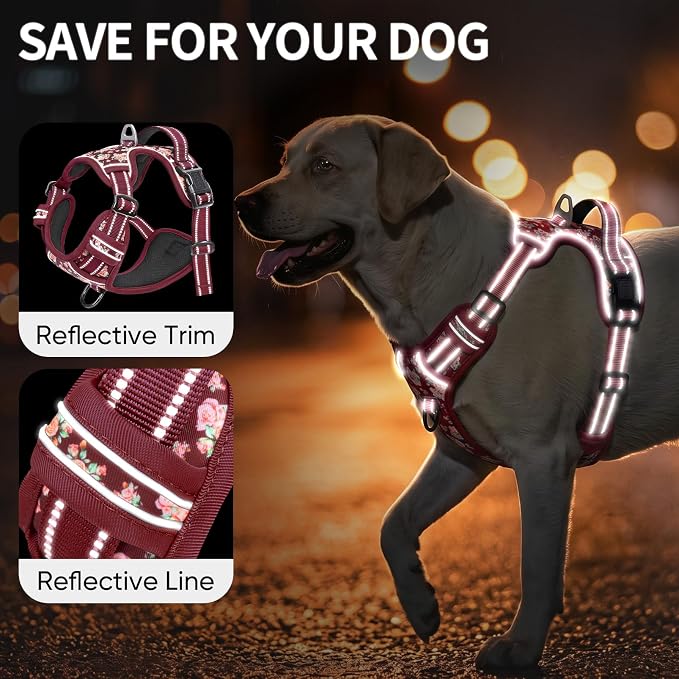 HEELE Dog Harness, Reflective, No Pull No Choke, Flower Burgundy, S | Front Clip for Small Dog Harness, 2 Metal Rings with Handle, Adjustable, Soft Breathable Padded Pet Vest for Night Walking - Image 3