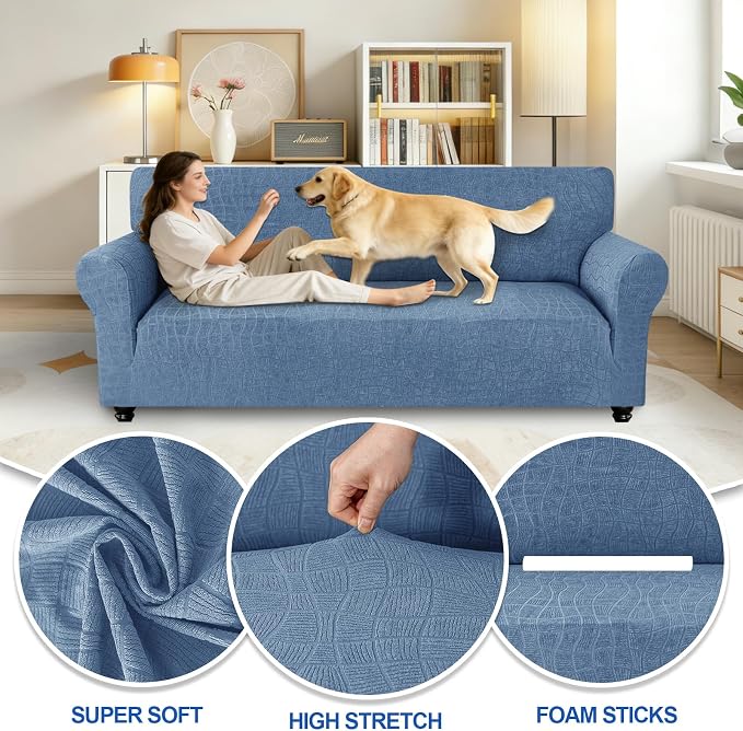 MAXIJIN Waterproof Couch Cover for 3 Cushion Couch, 1 Piece Stretch Sofa Covers Slipcovers with Non-Slip Elastic Bottom, Washable Furniture Protector for Dogs Pets (Large, Dusty Blue) - Image 2