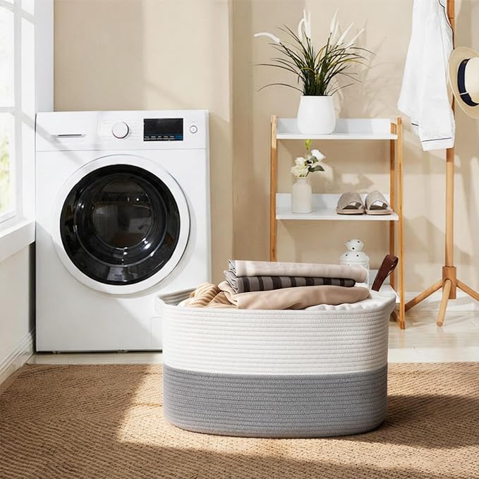 MEGASKET Extra Large Laundry Basket, Rectangle Woven Cotton Rope Storage Basket with Handles, Wicker Laundry Hamper, Farmhouse Storage Bin for Blankets Clothes Toys, Grey, 22" x 17" x 12" - Image 3